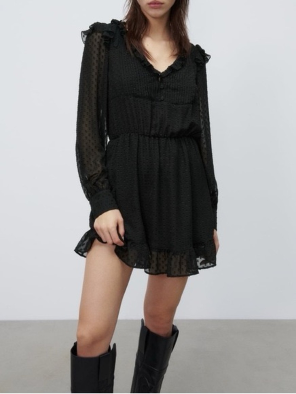 Zara Super Cute! Black Long-Sleeve Swiss Dot Mini Dress
